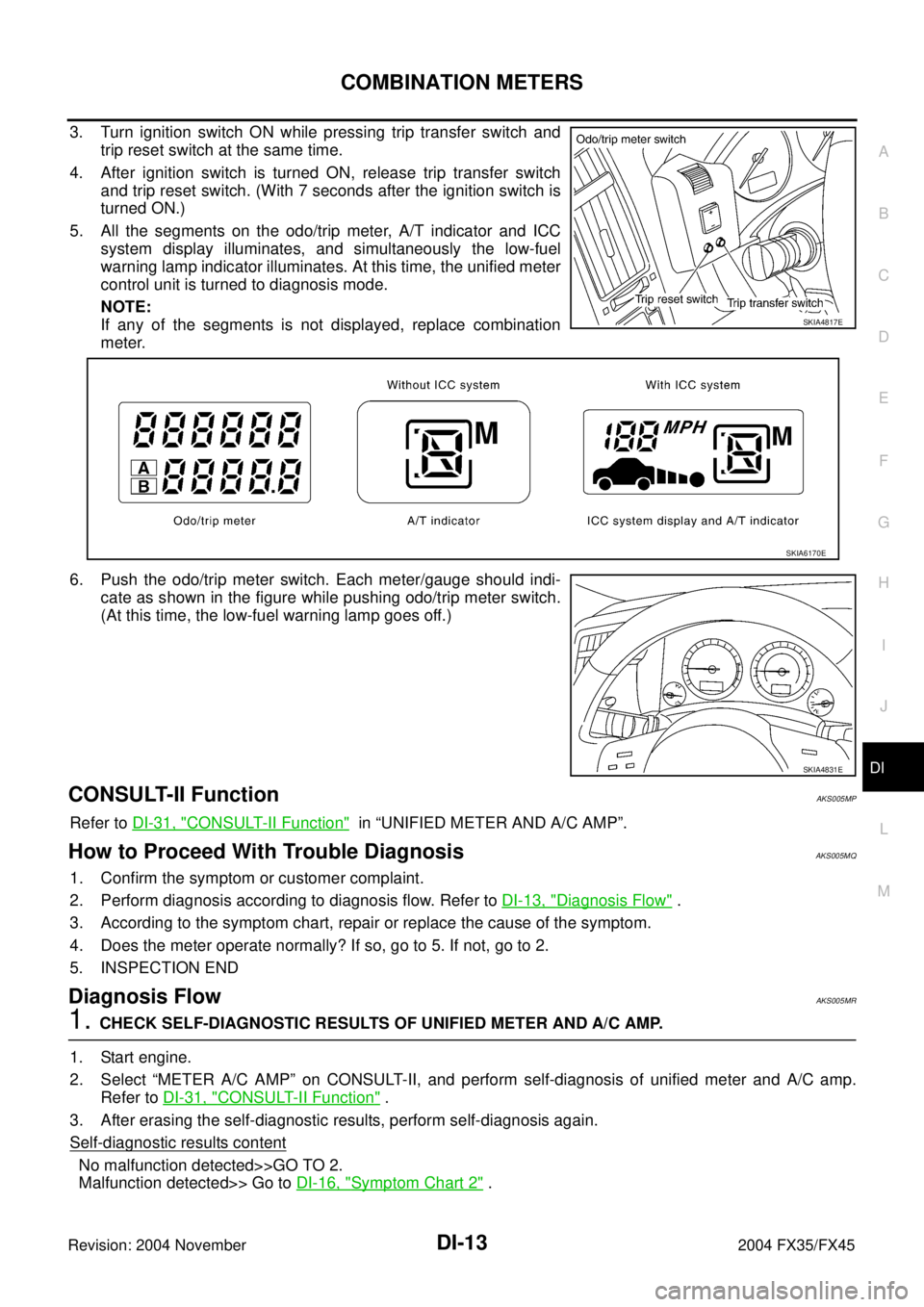 INFINITI FX35 2004  Service Manual COMBINATION METERS
DI-13
C
D
E
F
G
H
I
J
L
MA
B
DI
Revision: 2004 November 2004 FX35/FX45
3. Turn ignition switch ON while pressing trip transfer switch and
trip reset switch at the same time.
4. Afte