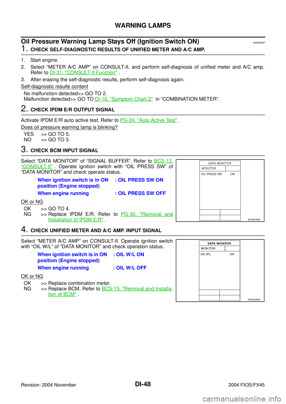 INFINITI FX35 2004  Service Manual DI-48
WARNING LAMPS
Revision: 2004 November 2004 FX35/FX45
Oil Pressure Warning Lamp Stays Off (Ignition Switch ON)AKS005NF
1. CHECK SELF-DIAGNOSTIC RESULTS OF UNIFIED METER AND A/C AMP.
1. Start engi