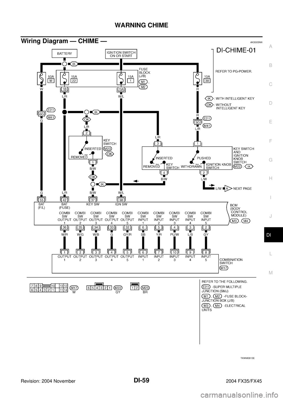 INFINITI FX35 2004  Service Manual WARNING CHIME
DI-59
C
D
E
F
G
H
I
J
L
MA
B
DI
Revision: 2004 November 2004 FX35/FX45
Wiring Diagram — CHIME —AKS005NN
TKWM0813E 