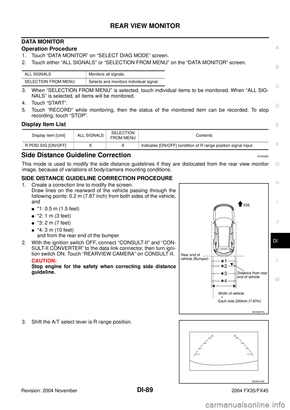 INFINITI FX35 2004  Service Manual REAR VIEW MONITOR
DI-89
C
D
E
F
G
H
I
J
L
MA
B
DI
Revision: 2004 November 2004 FX35/FX45
DATA MONITOR
Operation Procedure
1. Touch “DATA MONITOR” on “SELECT DIAG MODE” screen.
2. Touch either 