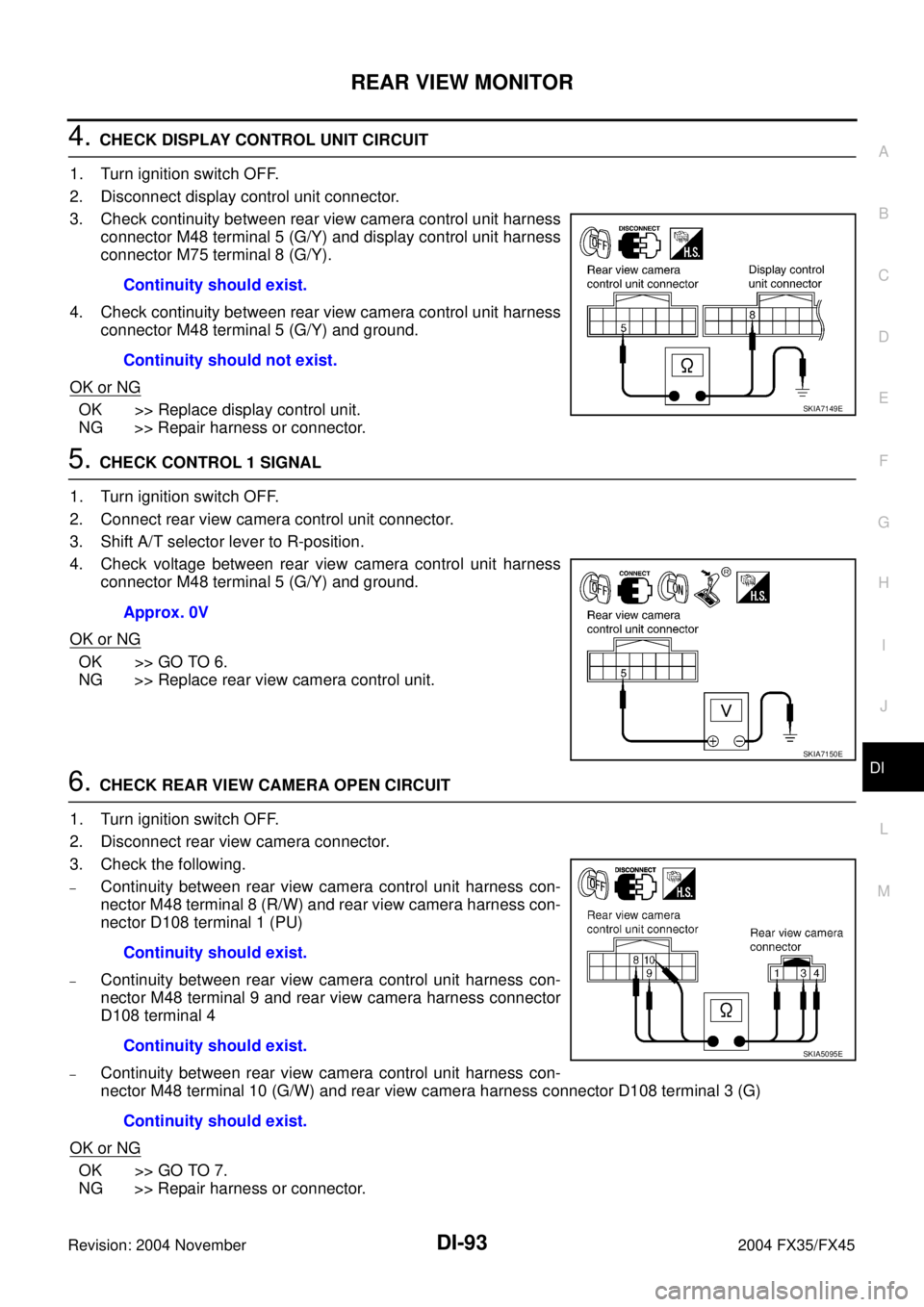 INFINITI FX35 2004  Service Manual REAR VIEW MONITOR
DI-93
C
D
E
F
G
H
I
J
L
MA
B
DI
Revision: 2004 November 2004 FX35/FX45
4. CHECK DISPLAY CONTROL UNIT CIRCUIT
1. Turn ignition switch OFF.
2. Disconnect display control unit connector