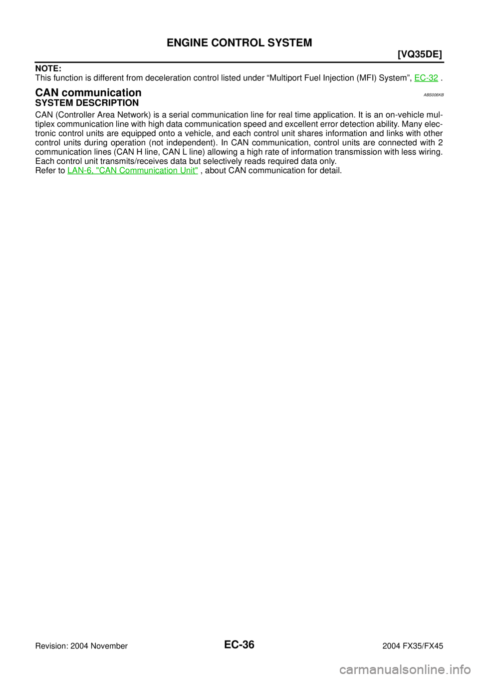 INFINITI FX35 2004  Service Manual EC-36
[VQ35DE]
ENGINE CONTROL SYSTEM
Revision: 2004 November 2004 FX35/FX45
NOTE:
This function is different from deceleration control listed under “Multiport Fuel Injection (MFI) System”, EC-32
 
