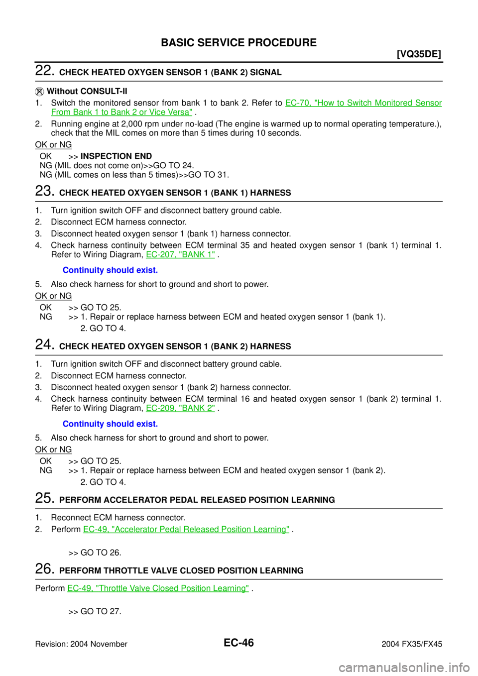 INFINITI FX35 2004  Service Manual EC-46
[VQ35DE]
BASIC SERVICE PROCEDURE
Revision: 2004 November 2004 FX35/FX45
22. CHECK HEATED OXYGEN SENSOR 1 (BANK 2) SIGNAL
 Without CONSULT-II
1. Switch the monitored sensor from bank 1 to bank 2.