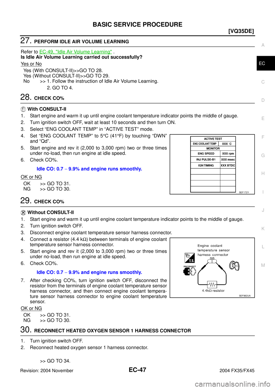 INFINITI FX35 2004  Service Manual BASIC SERVICE PROCEDURE
EC-47
[VQ35DE]
C
D
E
F
G
H
I
J
K
L
MA
EC
Revision: 2004 November 2004 FX35/FX45
27. PERFORM IDLE AIR VOLUME LEARNING
Refer to EC-49, "
Idle Air Volume Learning" .
Is Idle Air V