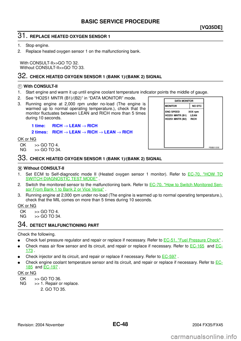 INFINITI FX35 2004  Service Manual EC-48
[VQ35DE]
BASIC SERVICE PROCEDURE
Revision: 2004 November 2004 FX35/FX45
31. REPLACE HEATED OXYGEN SENSOR 1
1. Stop engine.
2. Replace heated oxygen sensor 1 on the malfunctioning bank.
With CONS