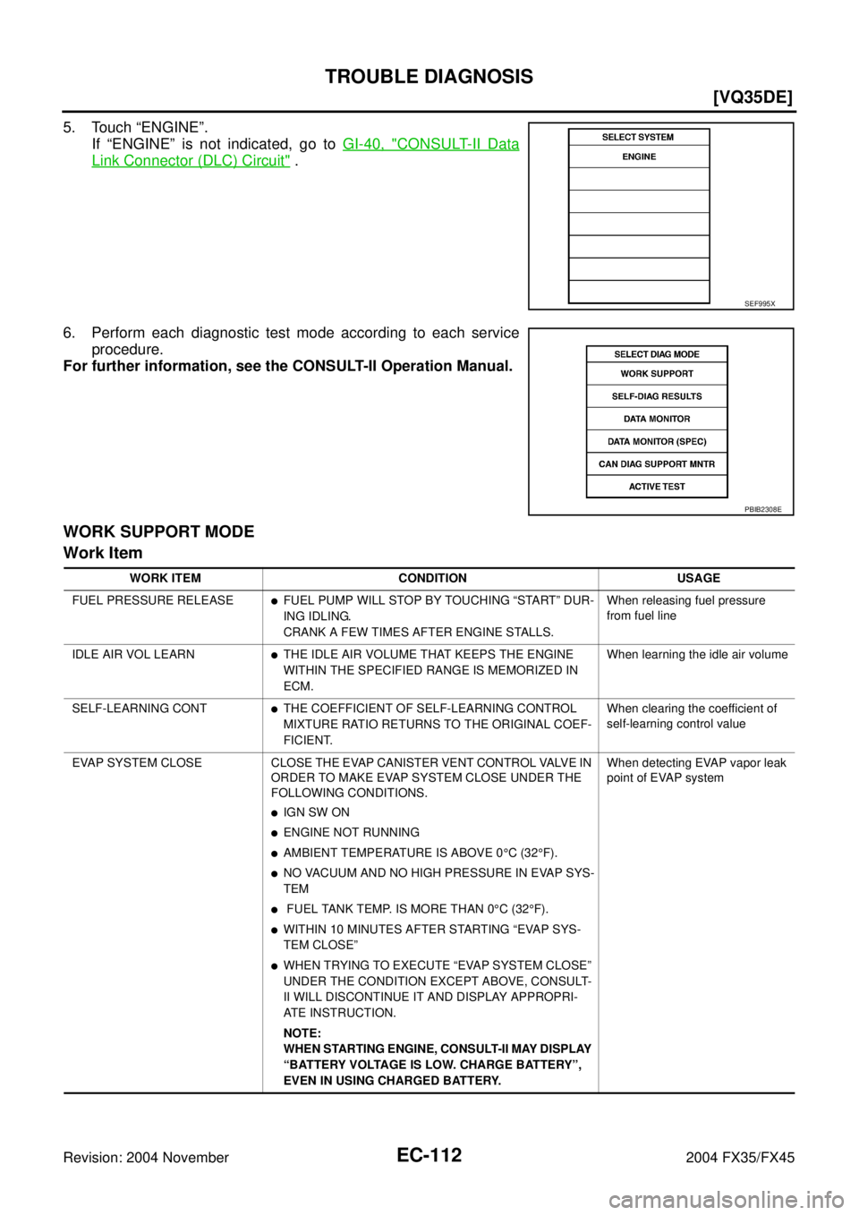 INFINITI FX35 2004  Service Manual EC-112
[VQ35DE]
TROUBLE DIAGNOSIS
Revision: 2004 November 2004 FX35/FX45
5. Touch “ENGINE”.
If “ENGINE” is not indicated, go to GI-40, "
CONSULT-II Data
Link Connector (DLC) Circuit" .
6. Perf