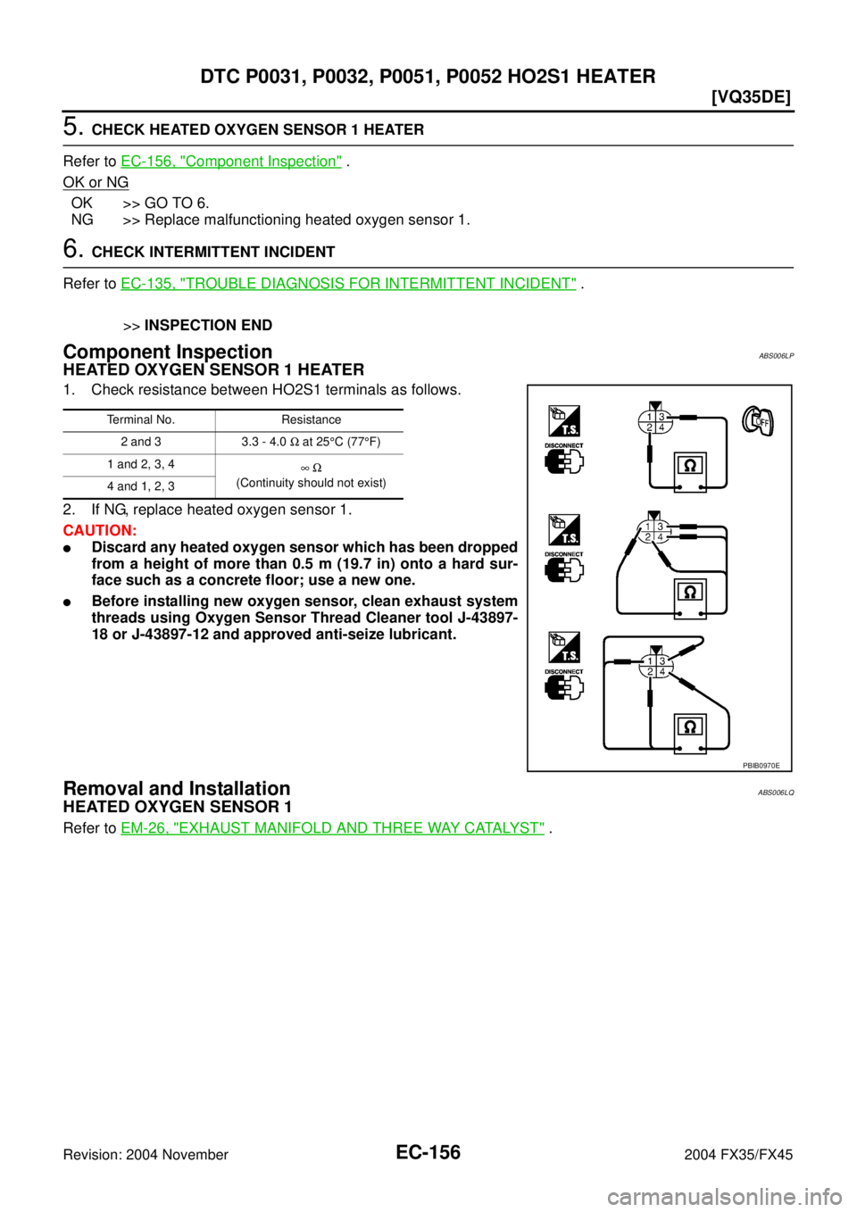 INFINITI FX35 2004  Service Manual EC-156
[VQ35DE]
DTC P0031, P0032, P0051, P0052 HO2S1 HEATER
Revision: 2004 November 2004 FX35/FX45
5. CHECK HEATED OXYGEN SENSOR 1 HEATER
Refer to EC-156, "
Component Inspection" .
OK or NG
OK >> GO T