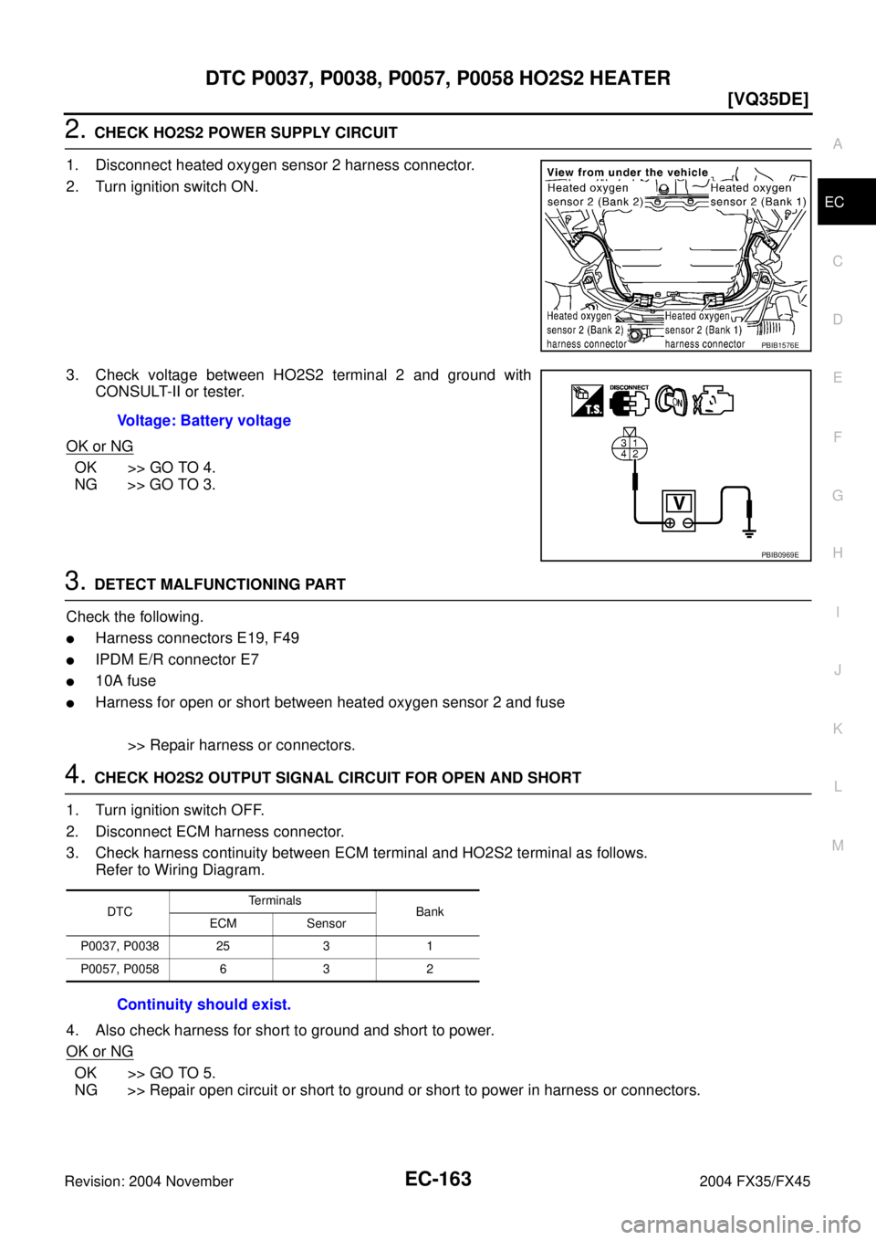 INFINITI FX35 2004  Service Manual DTC P0037, P0038, P0057, P0058 HO2S2 HEATER
EC-163
[VQ35DE]
C
D
E
F
G
H
I
J
K
L
MA
EC
Revision: 2004 November 2004 FX35/FX45
2. CHECK HO2S2 POWER SUPPLY CIRCUIT
1. Disconnect heated oxygen sensor 2 ha