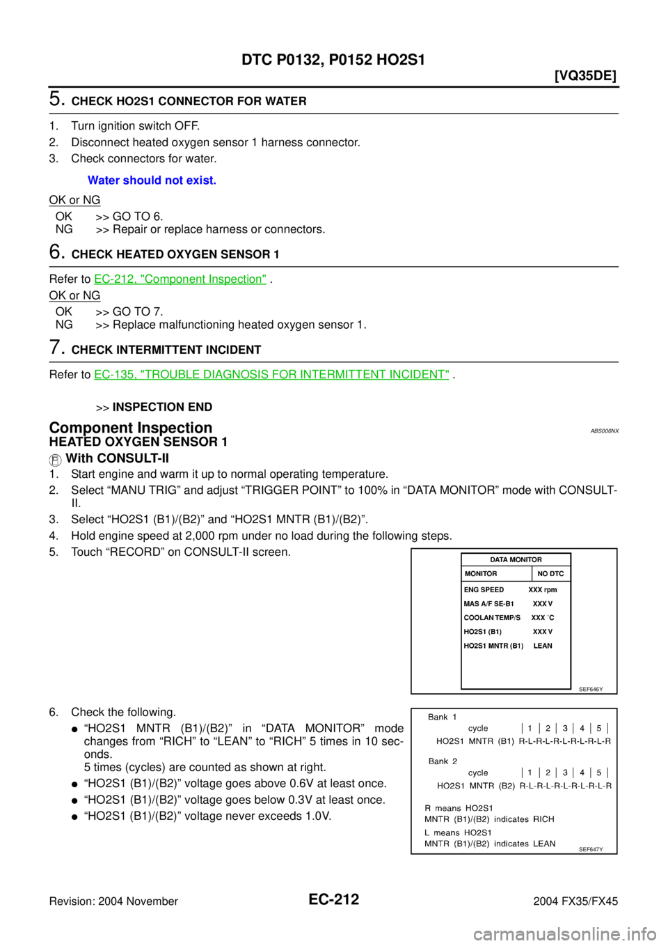 INFINITI FX35 2004  Service Manual EC-212
[VQ35DE]
DTC P0132, P0152 HO2S1
Revision: 2004 November 2004 FX35/FX45
5. CHECK HO2S1 CONNECTOR FOR WATER
1. Turn ignition switch OFF.
2. Disconnect heated oxygen sensor 1 harness connector.
3.