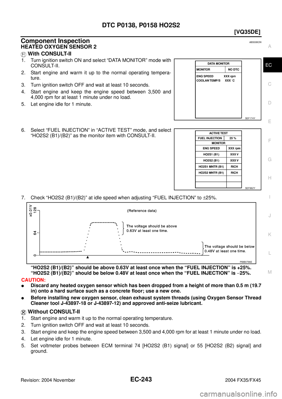 INFINITI FX35 2004  Service Manual DTC P0138, P0158 HO2S2
EC-243
[VQ35DE]
C
D
E
F
G
H
I
J
K
L
MA
EC
Revision: 2004 November 2004 FX35/FX45
Component InspectionABS006ON
HEATED OXYGEN SENSOR 2
 With CONSULT-II
1. Turn ignition switch ON 