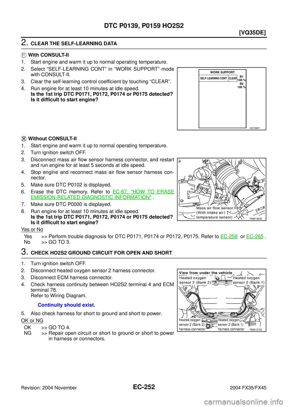 INFINITI FX35 2004  Service Manual EC-252
[VQ35DE]
DTC P0139, P0159 HO2S2
Revision: 2004 November 2004 FX35/FX45
2. CLEAR THE SELF-LEARNING DATA
 With CONSULT-II
1. Start engine and warm it up to normal operating temperature.
2. Select