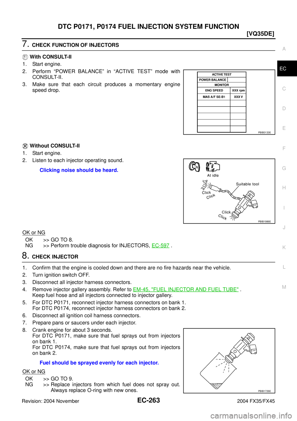 INFINITI FX35 2004  Service Manual DTC P0171, P0174 FUEL INJECTION SYSTEM FUNCTION
EC-263
[VQ35DE]
C
D
E
F
G
H
I
J
K
L
MA
EC
Revision: 2004 November 2004 FX35/FX45
7. CHECK FUNCTION OF INJECTORS
 With CONSULT-II
1. Start engine.
2. Per