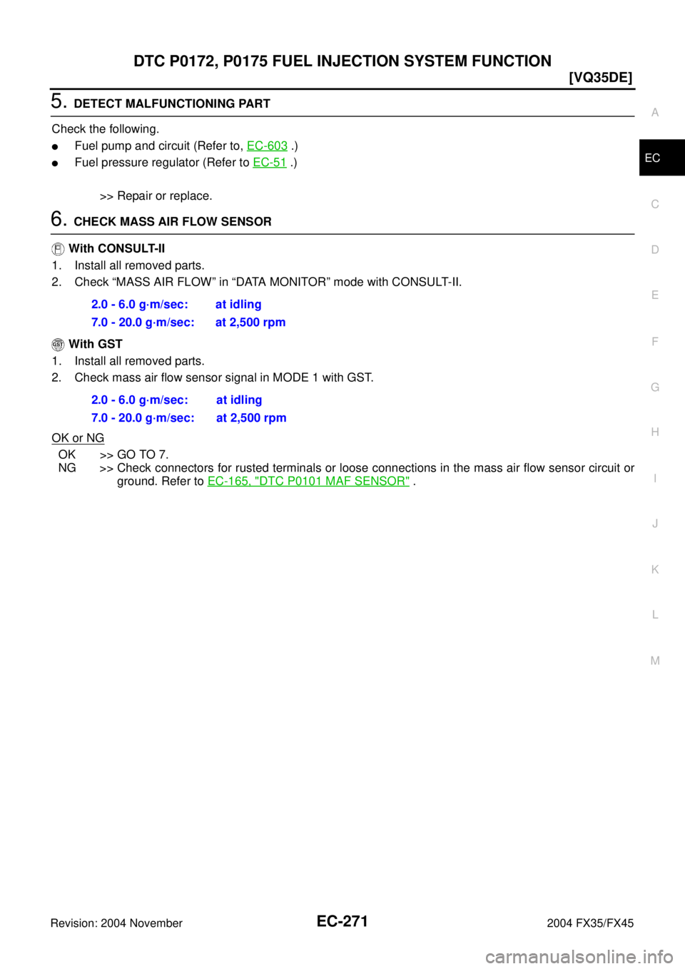 INFINITI FX35 2004  Service Manual DTC P0172, P0175 FUEL INJECTION SYSTEM FUNCTION
EC-271
[VQ35DE]
C
D
E
F
G
H
I
J
K
L
MA
EC
Revision: 2004 November 2004 FX35/FX45
5. DETECT MALFUNCTIONING PART
Check the following.
Fuel pump and circu
