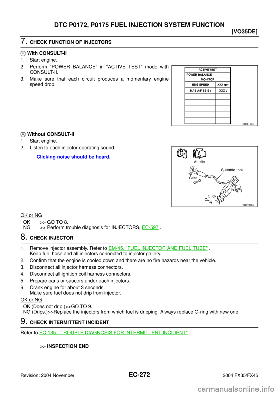 INFINITI FX35 2004  Service Manual EC-272
[VQ35DE]
DTC P0172, P0175 FUEL INJECTION SYSTEM FUNCTION
Revision: 2004 November 2004 FX35/FX45
7. CHECK FUNCTION OF INJECTORS
 With CONSULT-II
1. Start engine.
2. Perform “POWER BALANCE” i