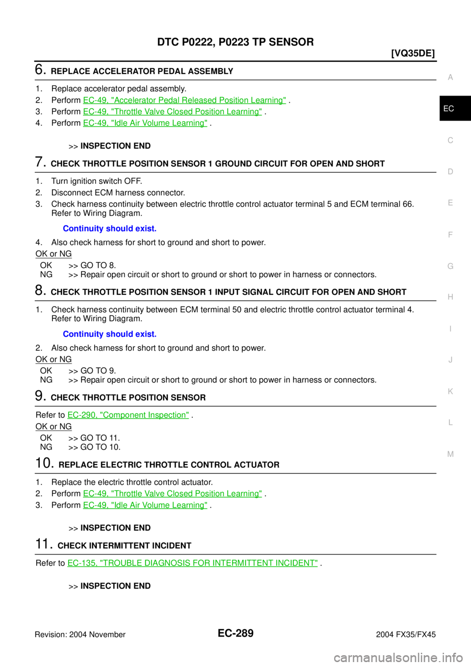 INFINITI FX35 2004  Service Manual DTC P0222, P0223 TP SENSOR
EC-289
[VQ35DE]
C
D
E
F
G
H
I
J
K
L
MA
EC
Revision: 2004 November 2004 FX35/FX45
6. REPLACE ACCELERATOR PEDAL ASSEMBLY
1. Replace accelerator pedal assembly.
2. Perform EC-4