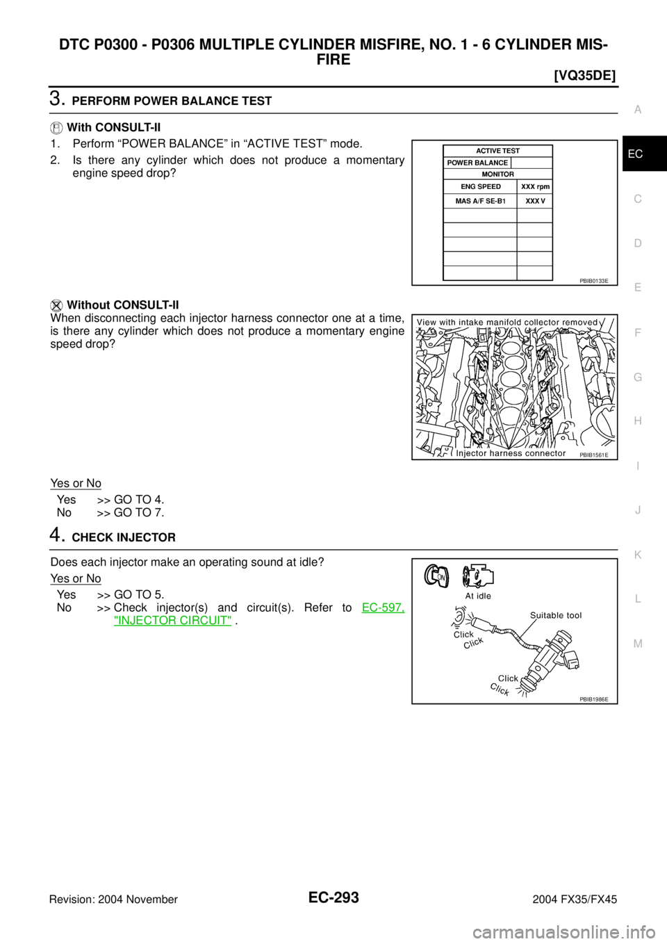 INFINITI FX35 2004  Service Manual DTC P0300 - P0306 MULTIPLE CYLINDER MISFIRE, NO. 1 - 6 CYLINDER MIS-
FIRE
EC-293
[VQ35DE]
C
D
E
F
G
H
I
J
K
L
MA
EC
Revision: 2004 November 2004 FX35/FX45
3. PERFORM POWER BALANCE TEST
 With CONSULT-I