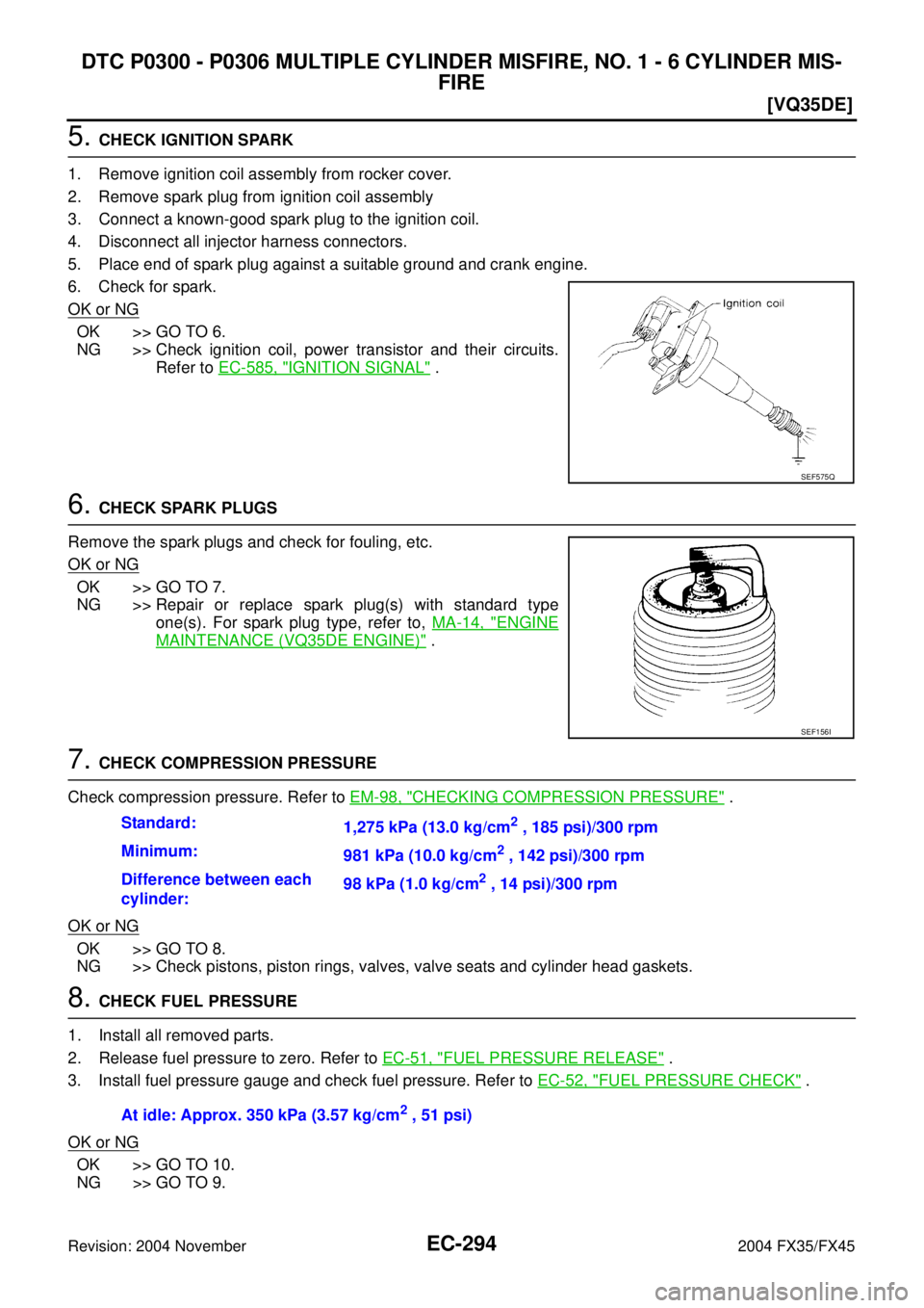 INFINITI FX35 2004  Service Manual EC-294
[VQ35DE]
DTC P0300 - P0306 MULTIPLE CYLINDER MISFIRE, NO. 1 - 6 CYLINDER MIS-
FIRE
Revision: 2004 November 2004 FX35/FX45
5. CHECK IGNITION SPARK
1. Remove ignition coil assembly from rocker co