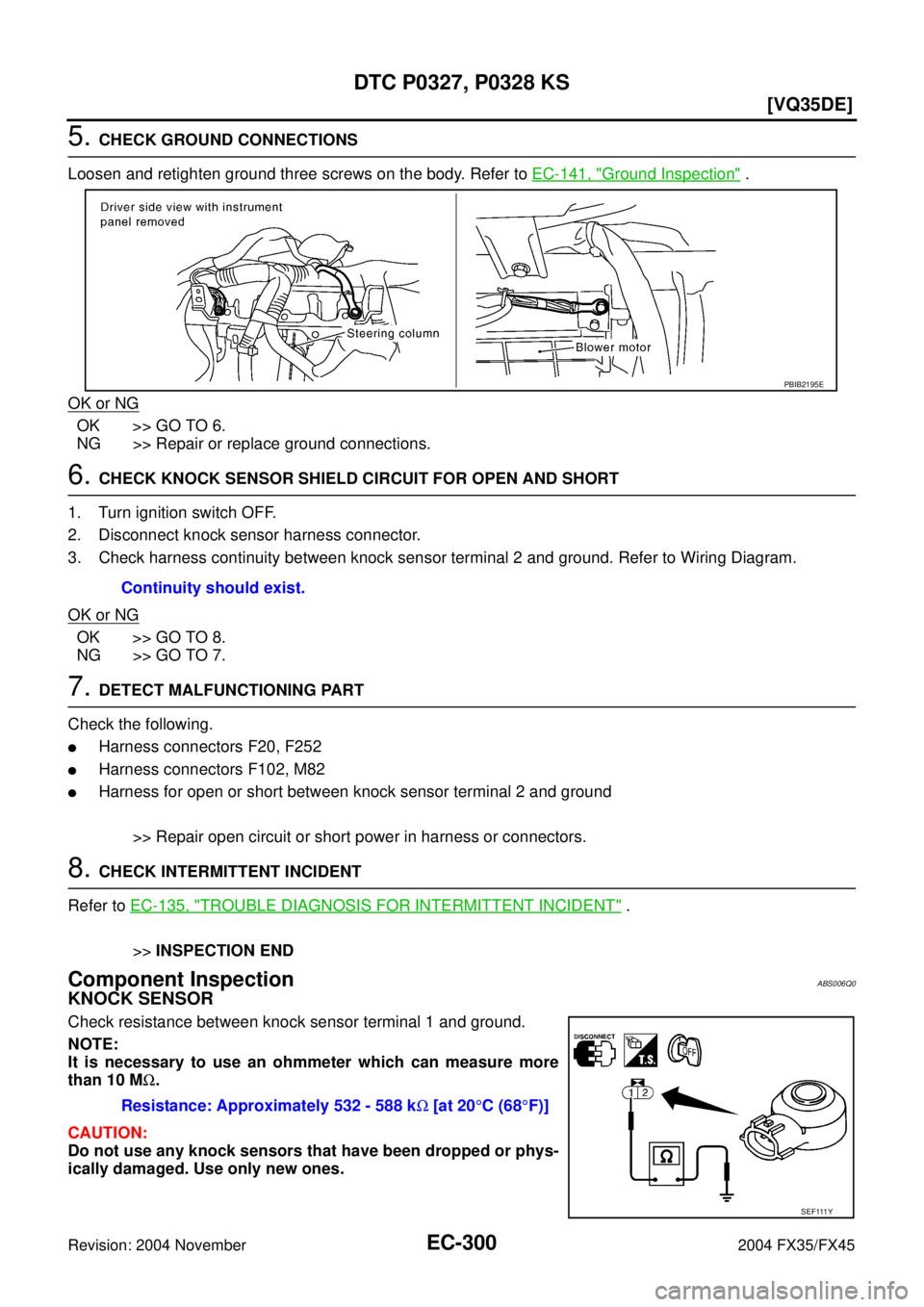 INFINITI FX35 2004  Service Manual EC-300
[VQ35DE]
DTC P0327, P0328 KS
Revision: 2004 November 2004 FX35/FX45
5. CHECK GROUND CONNECTIONS
Loosen and retighten ground three screws on the body. Refer to EC-141, "
Ground Inspection" .
OK 