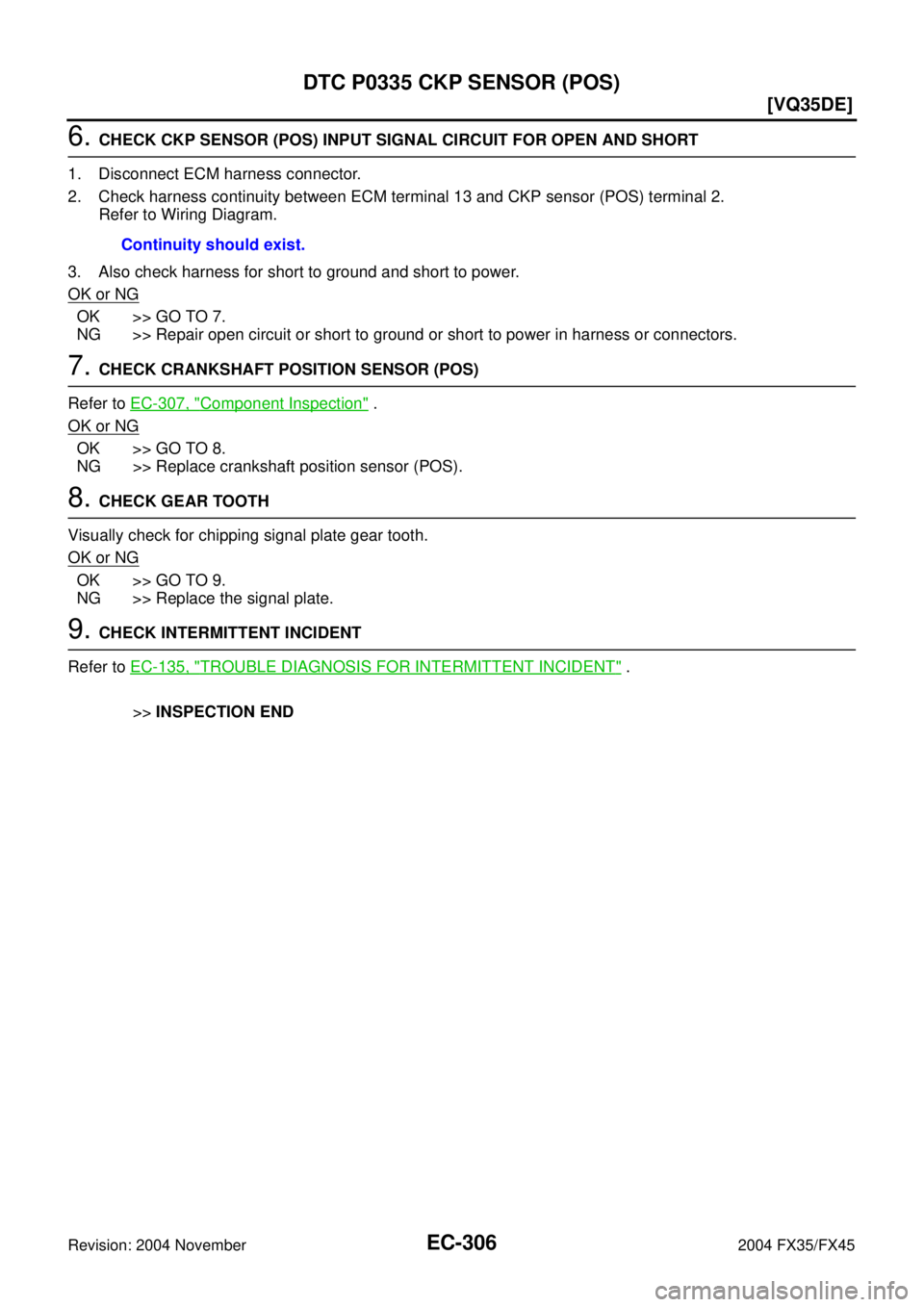 INFINITI FX35 2004  Service Manual EC-306
[VQ35DE]
DTC P0335 CKP SENSOR (POS)
Revision: 2004 November 2004 FX35/FX45
6. CHECK CKP SENSOR (POS) INPUT SIGNAL CIRCUIT FOR OPEN AND SHORT
1. Disconnect ECM harness connector.
2. Check harnes