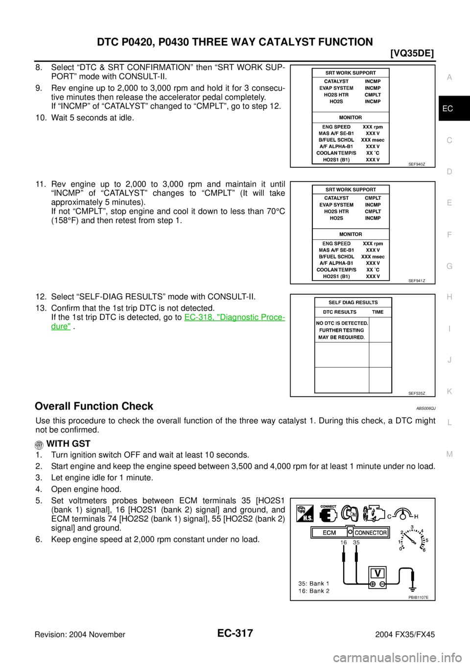 INFINITI FX35 2004  Service Manual DTC P0420, P0430 THREE WAY CATALYST FUNCTION
EC-317
[VQ35DE]
C
D
E
F
G
H
I
J
K
L
MA
EC
Revision: 2004 November 2004 FX35/FX45
8. Select “DTC & SRT CONFIRMATION” then “SRT WORK SUP-
PORT” mode 