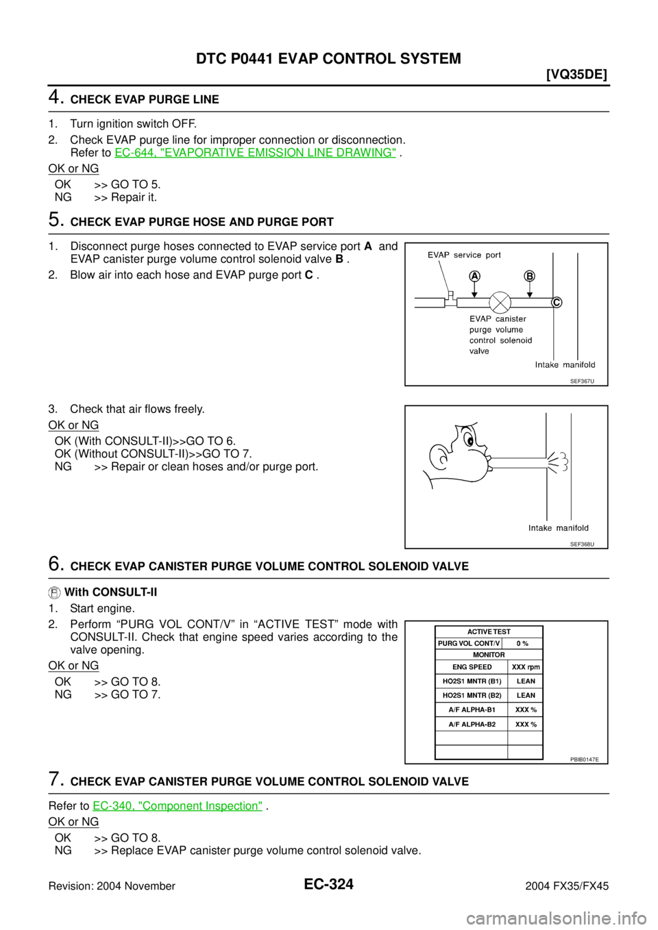 INFINITI FX35 2004  Service Manual EC-324
[VQ35DE]
DTC P0441 EVAP CONTROL SYSTEM
Revision: 2004 November 2004 FX35/FX45
4. CHECK EVAP PURGE LINE
1. Turn ignition switch OFF.
2. Check EVAP purge line for improper connection or disconnec
