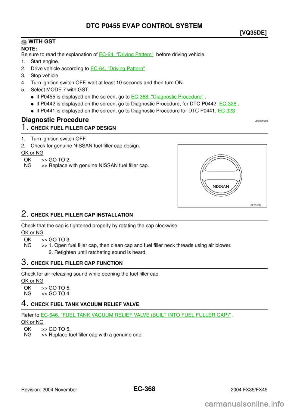 INFINITI FX35 2004  Service Manual EC-368
[VQ35DE]
DTC P0455 EVAP CONTROL SYSTEM
Revision: 2004 November 2004 FX35/FX45
 WITH GST
NOTE:
Be sure to read the explanation of EC-64, "
Driving Pattern"  before driving vehicle.
1. Start engi