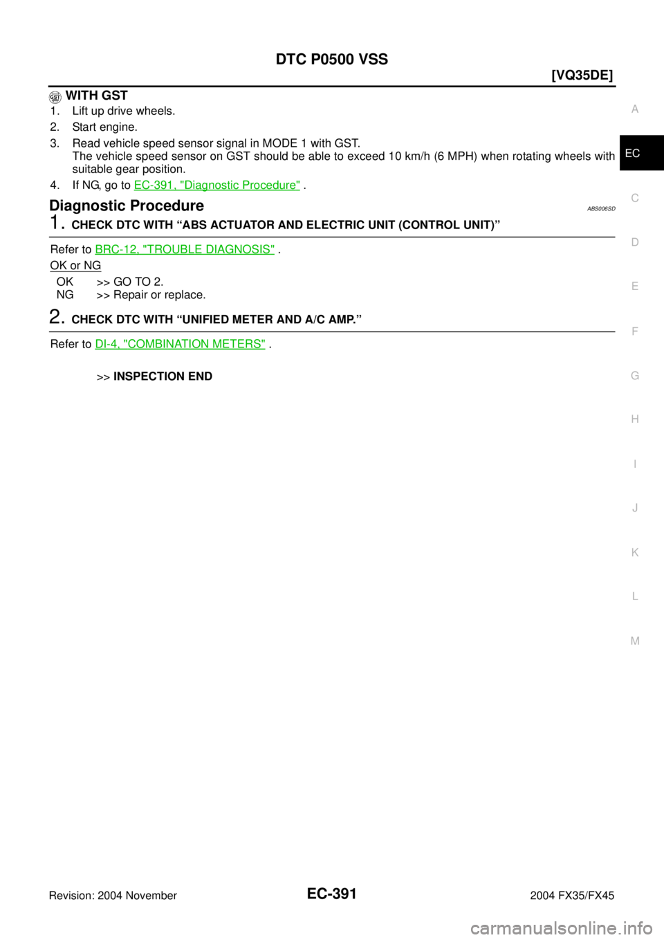 INFINITI FX35 2004  Service Manual DTC P0500 VSS
EC-391
[VQ35DE]
C
D
E
F
G
H
I
J
K
L
MA
EC
Revision: 2004 November 2004 FX35/FX45
 WITH GST
1. Lift up drive wheels.
2. Start engine.
3. Read vehicle speed sensor signal in MODE 1 with GS