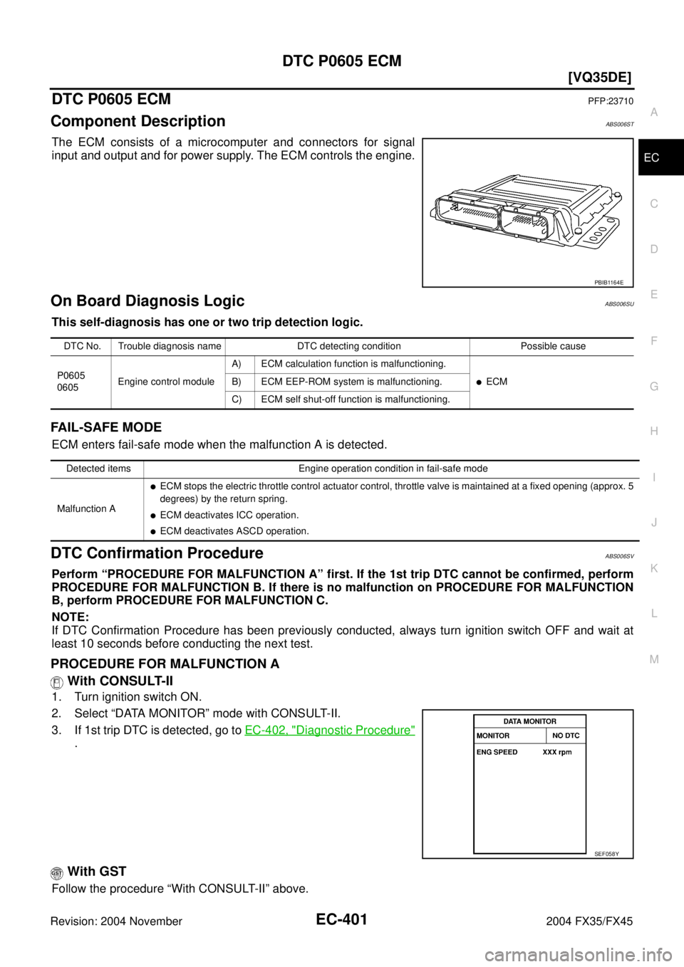INFINITI FX35 2004  Service Manual DTC P0605 ECM
EC-401
[VQ35DE]
C
D
E
F
G
H
I
J
K
L
MA
EC
Revision: 2004 November 2004 FX35/FX45
DTC P0605 ECMPFP:23710
Component DescriptionABS006ST
The ECM consists of a microcomputer and connectors f