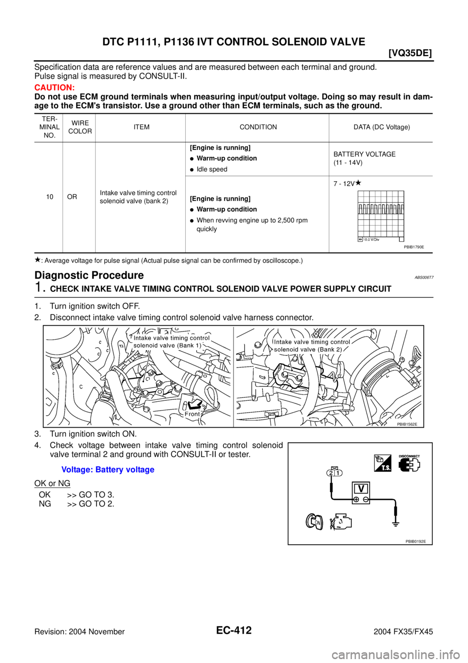 INFINITI FX35 2004  Service Manual EC-412
[VQ35DE]
DTC P1111, P1136 IVT CONTROL SOLENOID VALVE
Revision: 2004 November 2004 FX35/FX45
Specification data are reference values and are measured between each terminal and ground.
Pulse sign