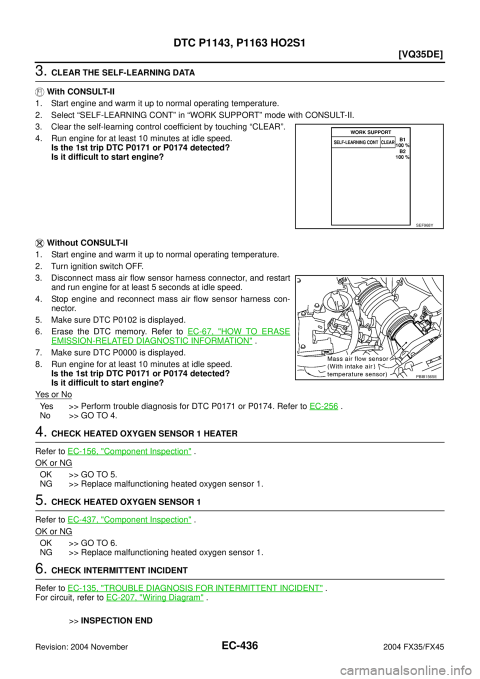 INFINITI FX35 2004  Service Manual EC-436
[VQ35DE]
DTC P1143, P1163 HO2S1
Revision: 2004 November 2004 FX35/FX45
3. CLEAR THE SELF-LEARNING DATA
 With CONSULT-II
1. Start engine and warm it up to normal operating temperature.
2. Select