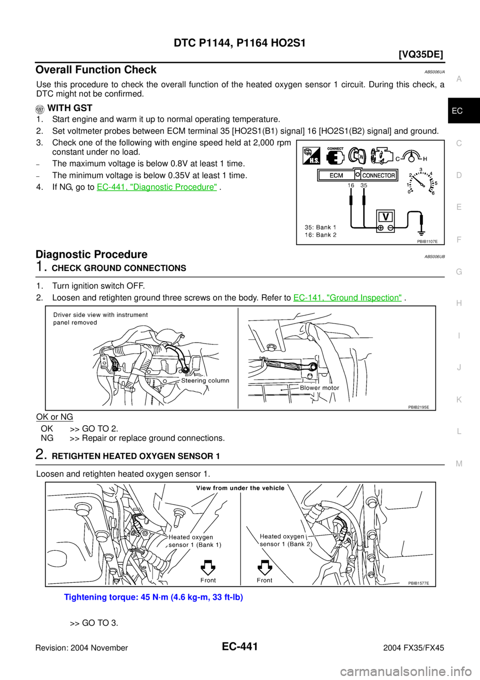 INFINITI FX35 2004  Service Manual DTC P1144, P1164 HO2S1
EC-441
[VQ35DE]
C
D
E
F
G
H
I
J
K
L
MA
EC
Revision: 2004 November 2004 FX35/FX45
Overall Function CheckABS006UA
Use this procedure to check the overall function of the heated ox