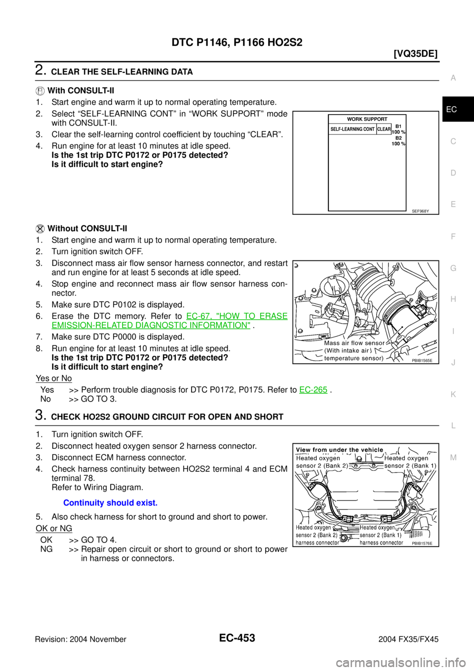 INFINITI FX35 2004  Service Manual DTC P1146, P1166 HO2S2
EC-453
[VQ35DE]
C
D
E
F
G
H
I
J
K
L
MA
EC
Revision: 2004 November 2004 FX35/FX45
2. CLEAR THE SELF-LEARNING DATA
 With CONSULT-II
1. Start engine and warm it up to normal operat