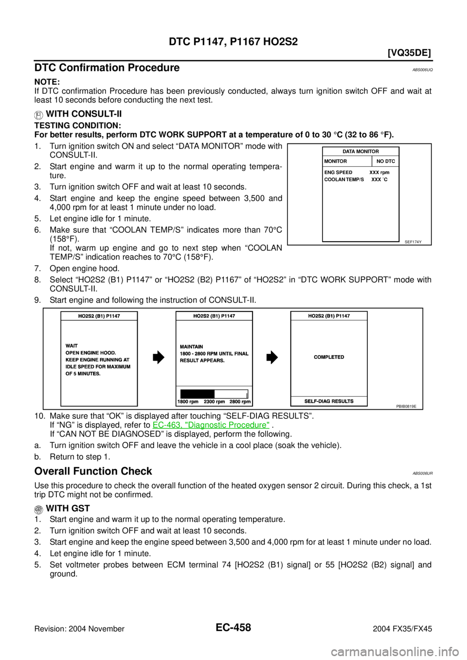 INFINITI FX35 2004  Service Manual EC-458
[VQ35DE]
DTC P1147, P1167 HO2S2
Revision: 2004 November 2004 FX35/FX45
DTC Confirmation ProcedureABS006UQ
NOTE:
If DTC confirmation Procedure has been previously conducted, always turn ignition