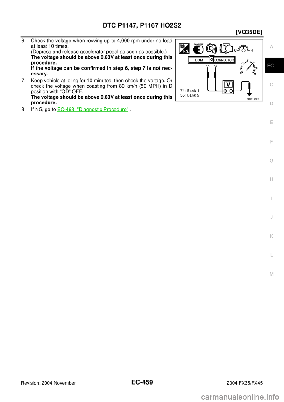 INFINITI FX35 2004  Service Manual DTC P1147, P1167 HO2S2
EC-459
[VQ35DE]
C
D
E
F
G
H
I
J
K
L
MA
EC
Revision: 2004 November 2004 FX35/FX45
6. Check the voltage when revving up to 4,000 rpm under no load
at least 10 times.
(Depress and 