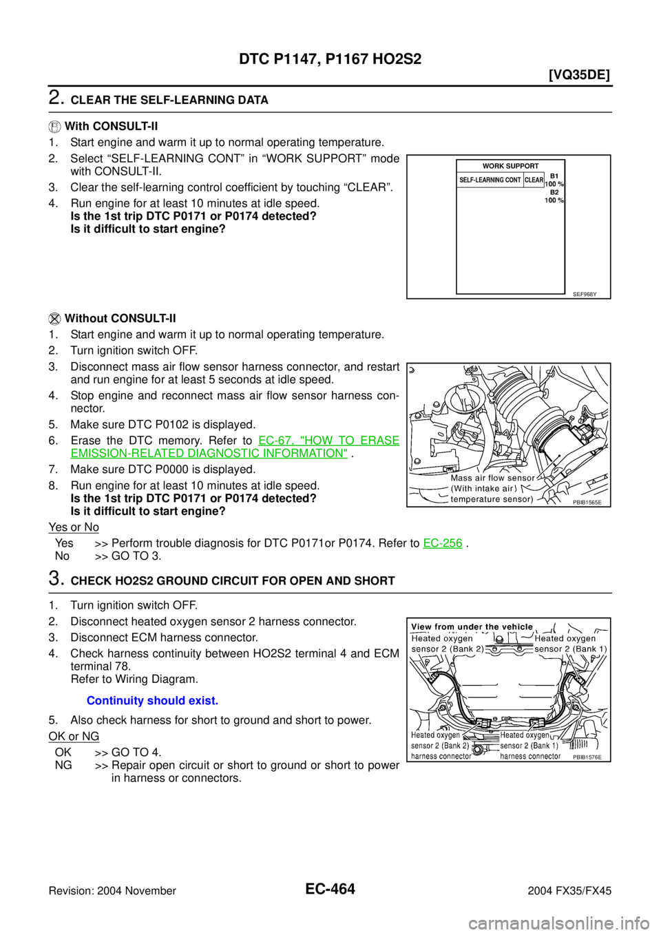 INFINITI FX35 2004  Service Manual EC-464
[VQ35DE]
DTC P1147, P1167 HO2S2
Revision: 2004 November 2004 FX35/FX45
2. CLEAR THE SELF-LEARNING DATA
 With CONSULT-II
1. Start engine and warm it up to normal operating temperature.
2. Select