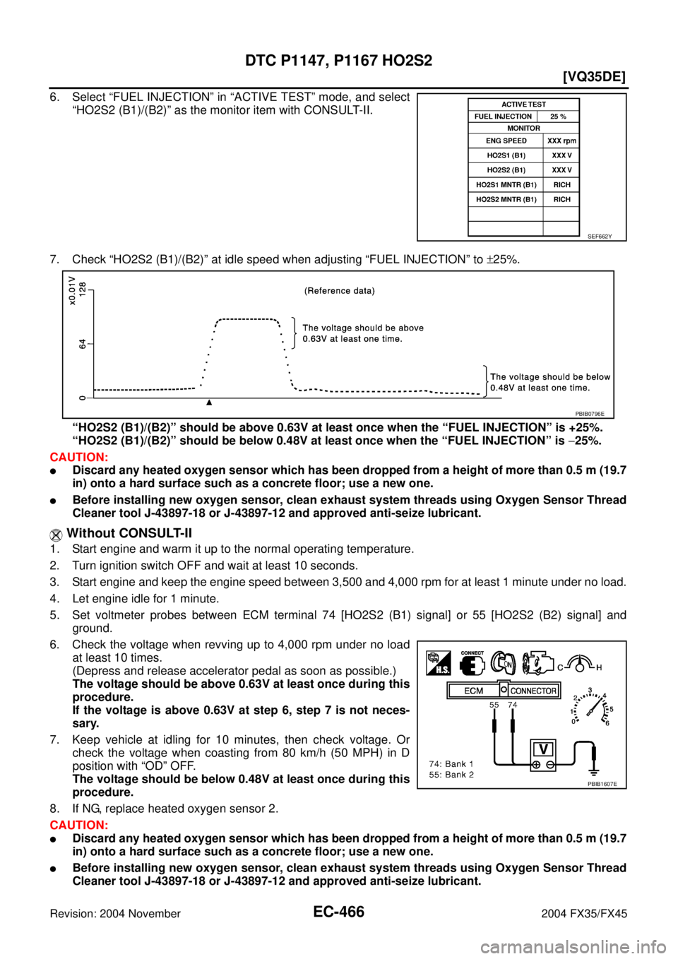 INFINITI FX35 2004  Service Manual EC-466
[VQ35DE]
DTC P1147, P1167 HO2S2
Revision: 2004 November 2004 FX35/FX45
6. Select “FUEL INJECTION” in “ACTIVE TEST” mode, and select
“HO2S2 (B1)/(B2)” as the monitor item with CONSUL