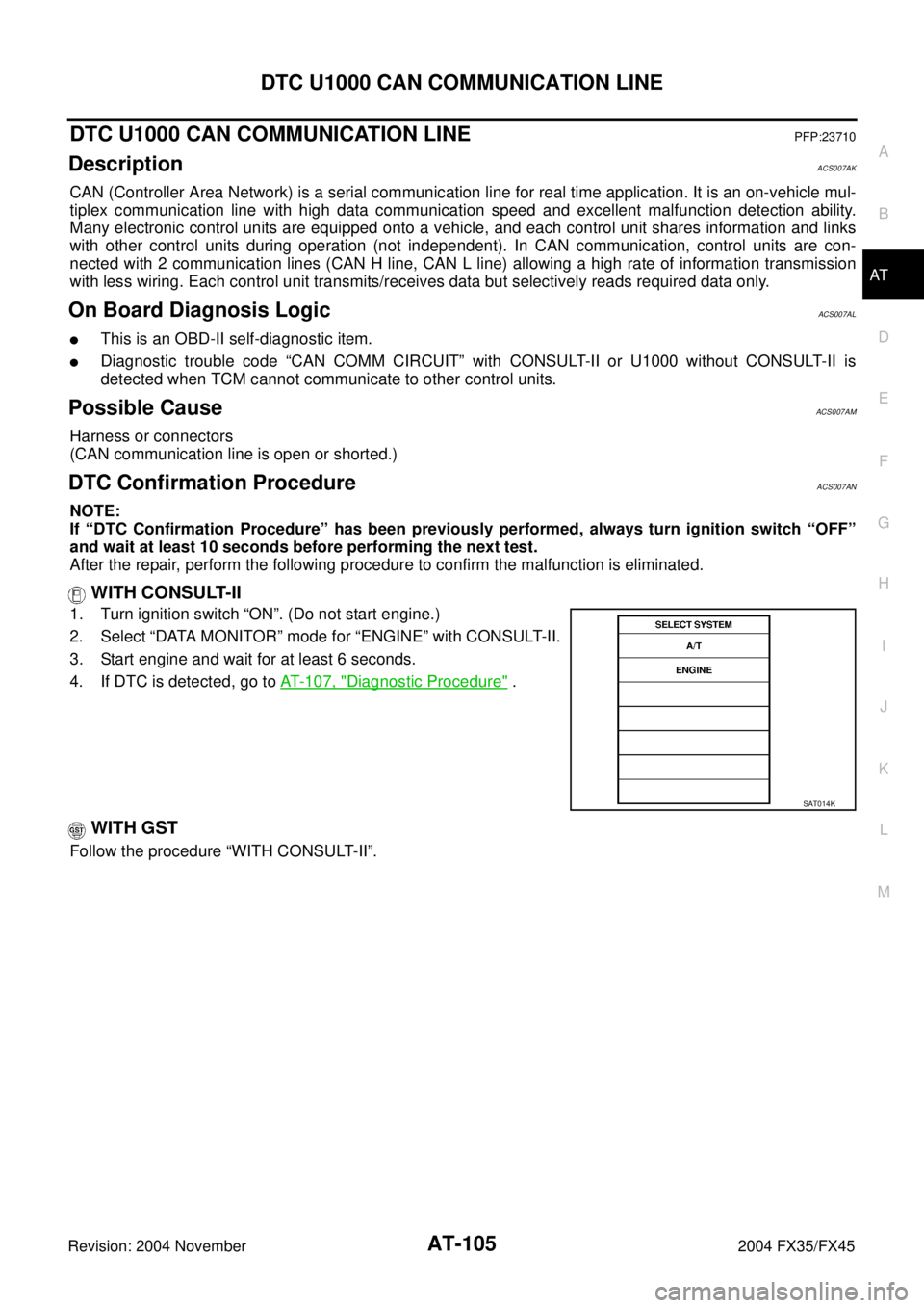 INFINITI FX35 2004  Service Manual DTC U1000 CAN COMMUNICATION LINE
AT-105
D
E
F
G
H
I
J
K
L
MA
B
AT
Revision: 2004 November 2004 FX35/FX45
DTC U1000 CAN COMMUNICATION LINEPFP:23710
DescriptionACS007AK
CAN (Controller Area Network) is 