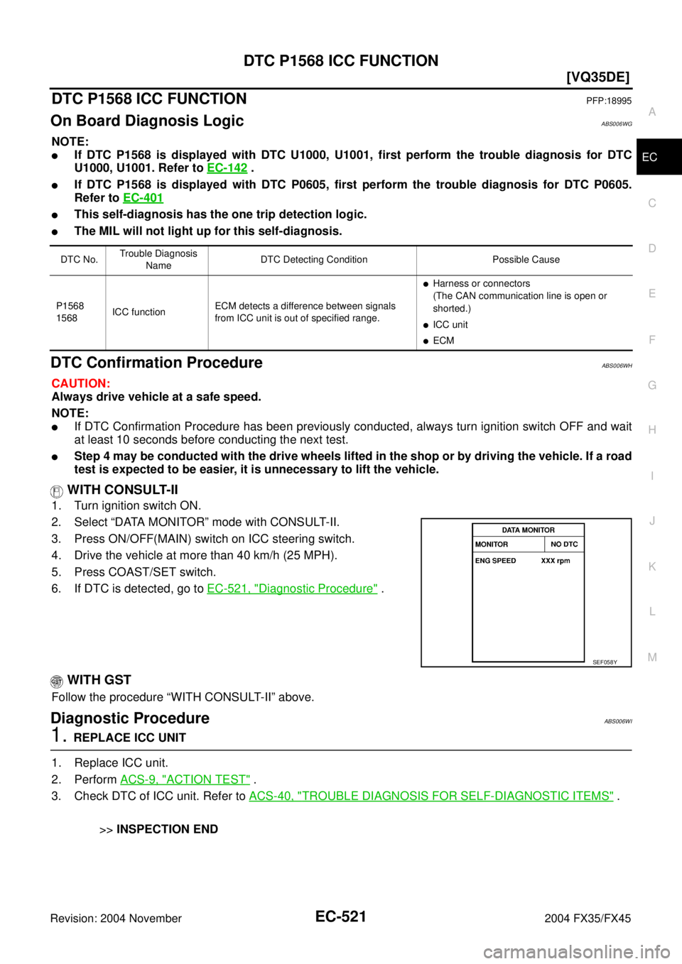 INFINITI FX35 2004  Service Manual DTC P1568 ICC FUNCTION
EC-521
[VQ35DE]
C
D
E
F
G
H
I
J
K
L
MA
EC
Revision: 2004 November 2004 FX35/FX45
DTC P1568 ICC FUNCTIONPFP:18995
On Board Diagnosis LogicABS006WG
NOTE:
If DTC P1568 is displaye
