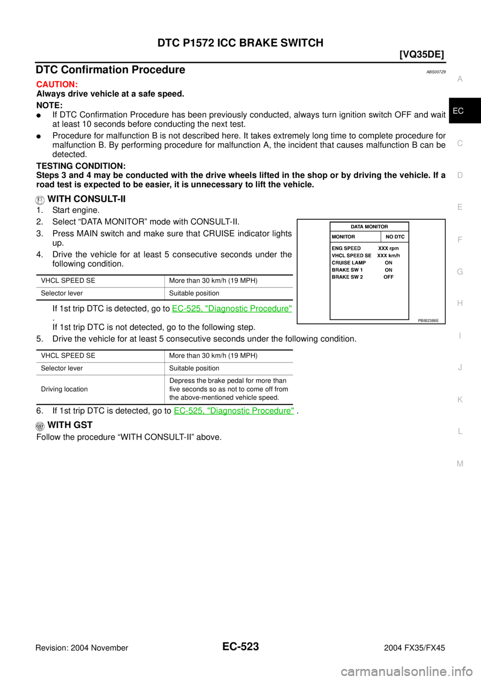 INFINITI FX35 2004  Service Manual DTC P1572 ICC BRAKE SWITCH
EC-523
[VQ35DE]
C
D
E
F
G
H
I
J
K
L
MA
EC
Revision: 2004 November 2004 FX35/FX45
DTC Confirmation ProcedureABS007Z9
CAUTION:
Always drive vehicle at a safe speed.
NOTE:
If 