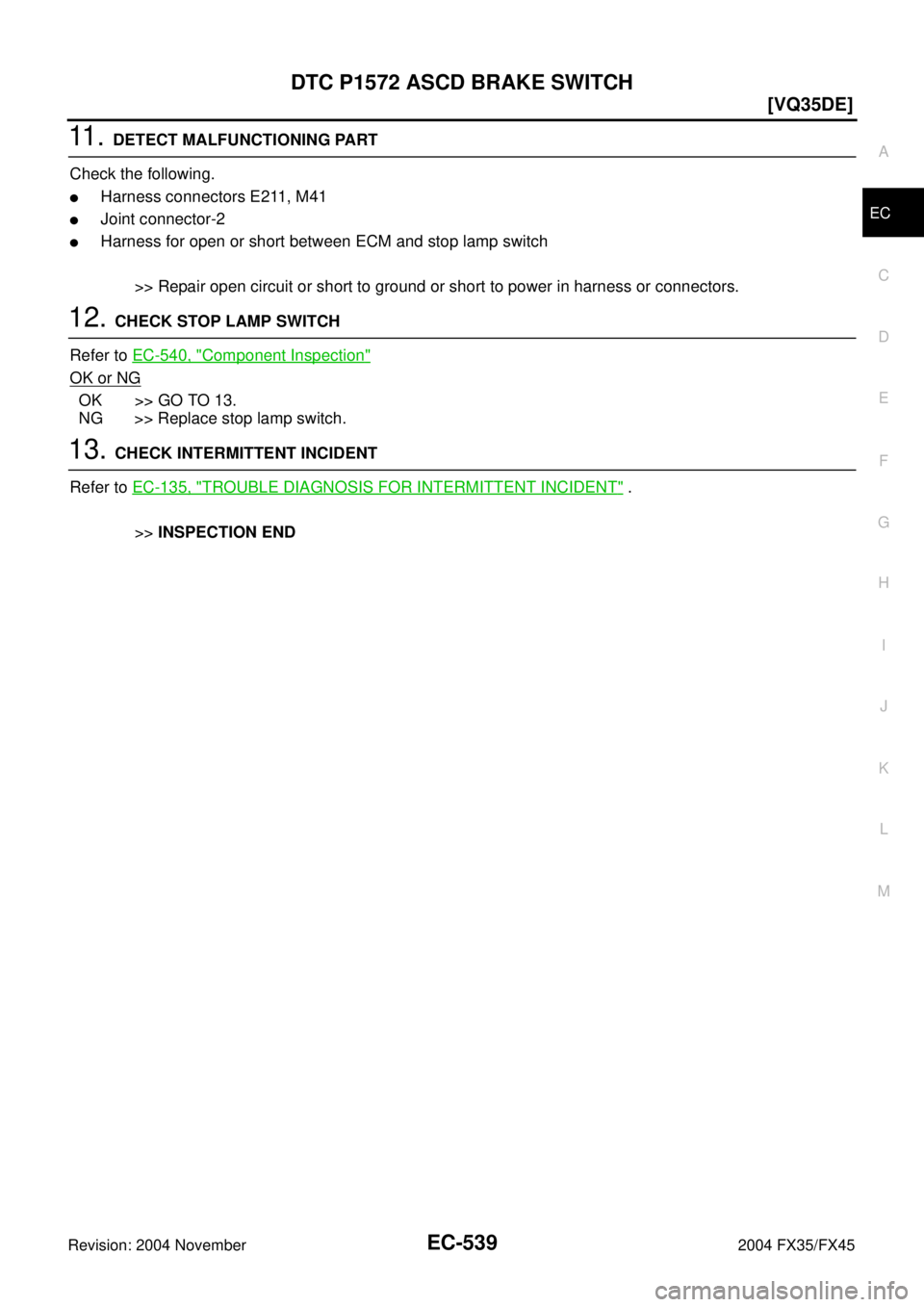 INFINITI FX35 2004  Service Manual DTC P1572 ASCD BRAKE SWITCH
EC-539
[VQ35DE]
C
D
E
F
G
H
I
J
K
L
MA
EC
Revision: 2004 November 2004 FX35/FX45
11 .  DETECT MALFUNCTIONING PART
Check the following.
Harness connectors E211, M41
Joint 