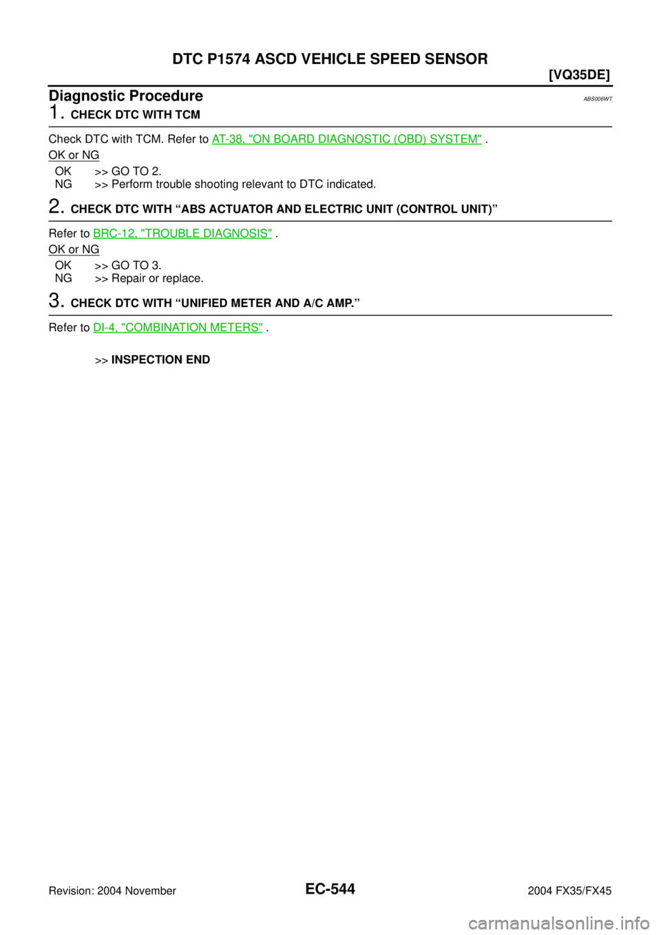 INFINITI FX35 2004  Service Manual EC-544
[VQ35DE]
DTC P1574 ASCD VEHICLE SPEED SENSOR
Revision: 2004 November 2004 FX35/FX45
Diagnostic ProcedureABS006WT
1. CHECK DTC WITH TCM
Check DTC with TCM. Refer to AT- 3 8 ,  "
ON BOARD DIAGNOS