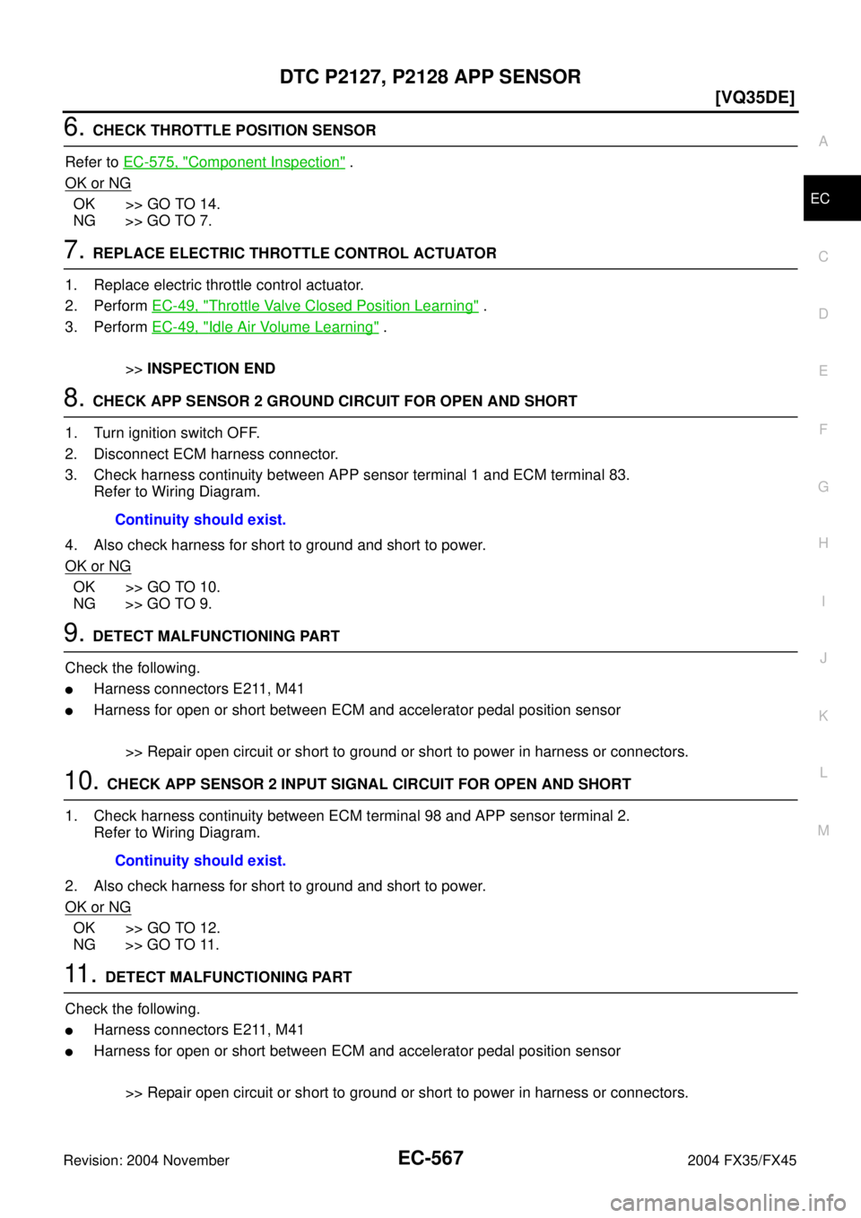 INFINITI FX35 2004  Service Manual DTC P2127, P2128 APP SENSOR
EC-567
[VQ35DE]
C
D
E
F
G
H
I
J
K
L
MA
EC
Revision: 2004 November 2004 FX35/FX45
6. CHECK THROTTLE POSITION SENSOR
Refer to EC-575, "
Component Inspection" .
OK or NG
OK >>