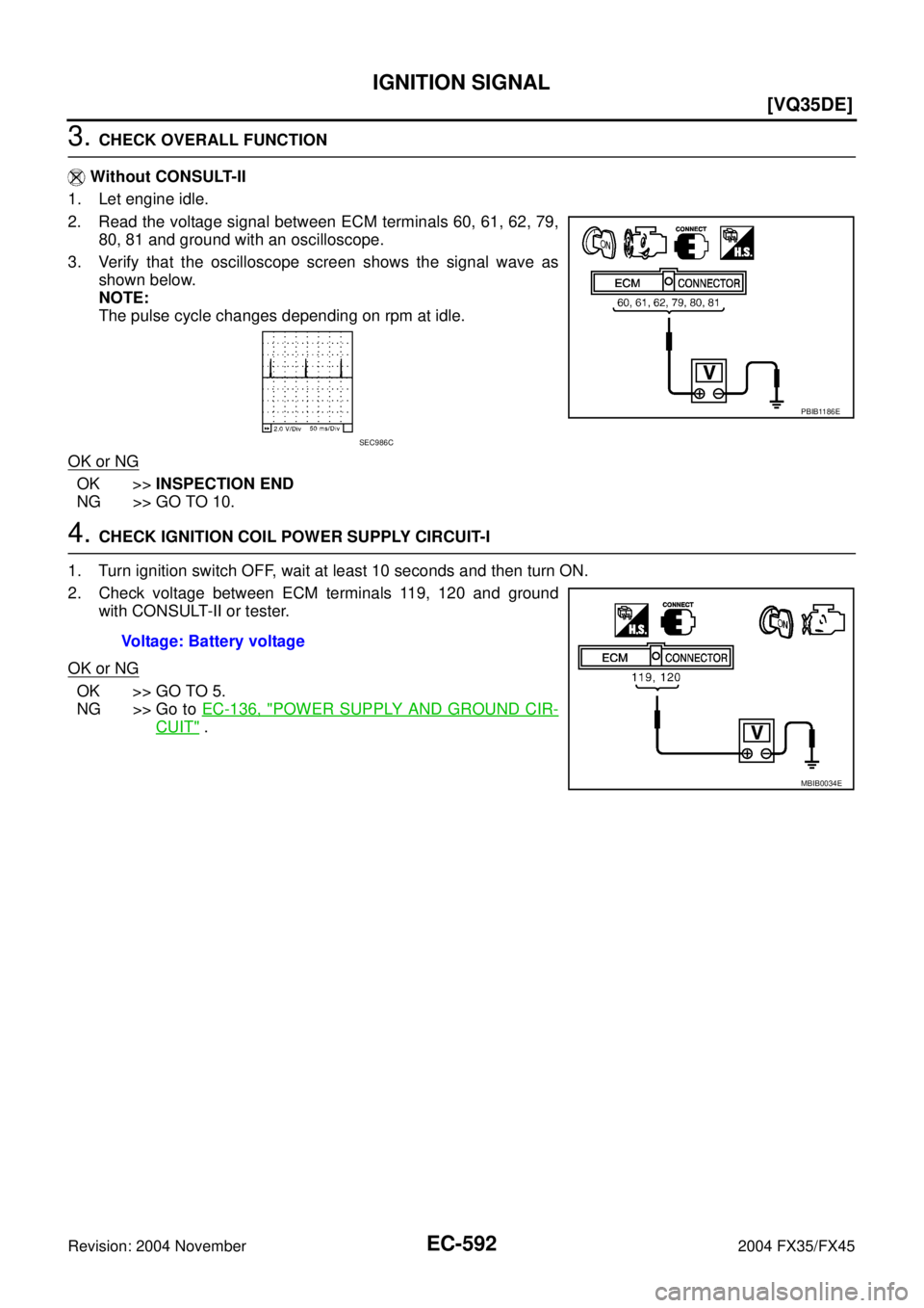 INFINITI FX35 2004  Service Manual EC-592
[VQ35DE]
IGNITION SIGNAL
Revision: 2004 November 2004 FX35/FX45
3. CHECK OVERALL FUNCTION
 Without CONSULT-II
1. Let engine idle.
2. Read the voltage signal between ECM terminals 60, 61, 62, 79