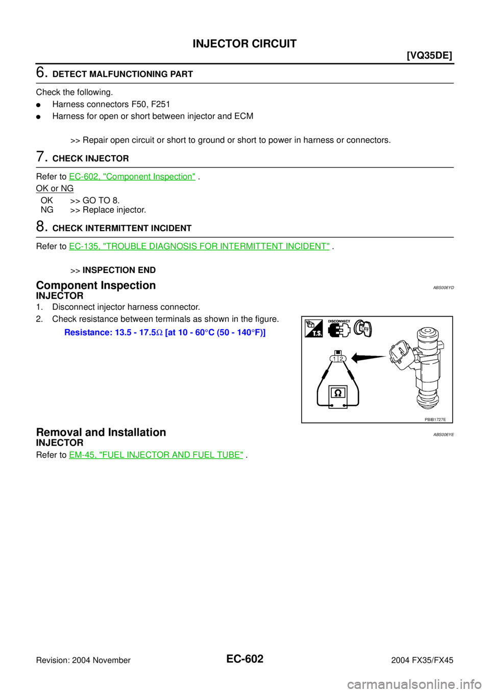 INFINITI FX35 2004  Service Manual EC-602
[VQ35DE]
INJECTOR CIRCUIT
Revision: 2004 November 2004 FX35/FX45
6. DETECT MALFUNCTIONING PART
Check the following.
Harness connectors F50, F251
Harness for open or short between injector and