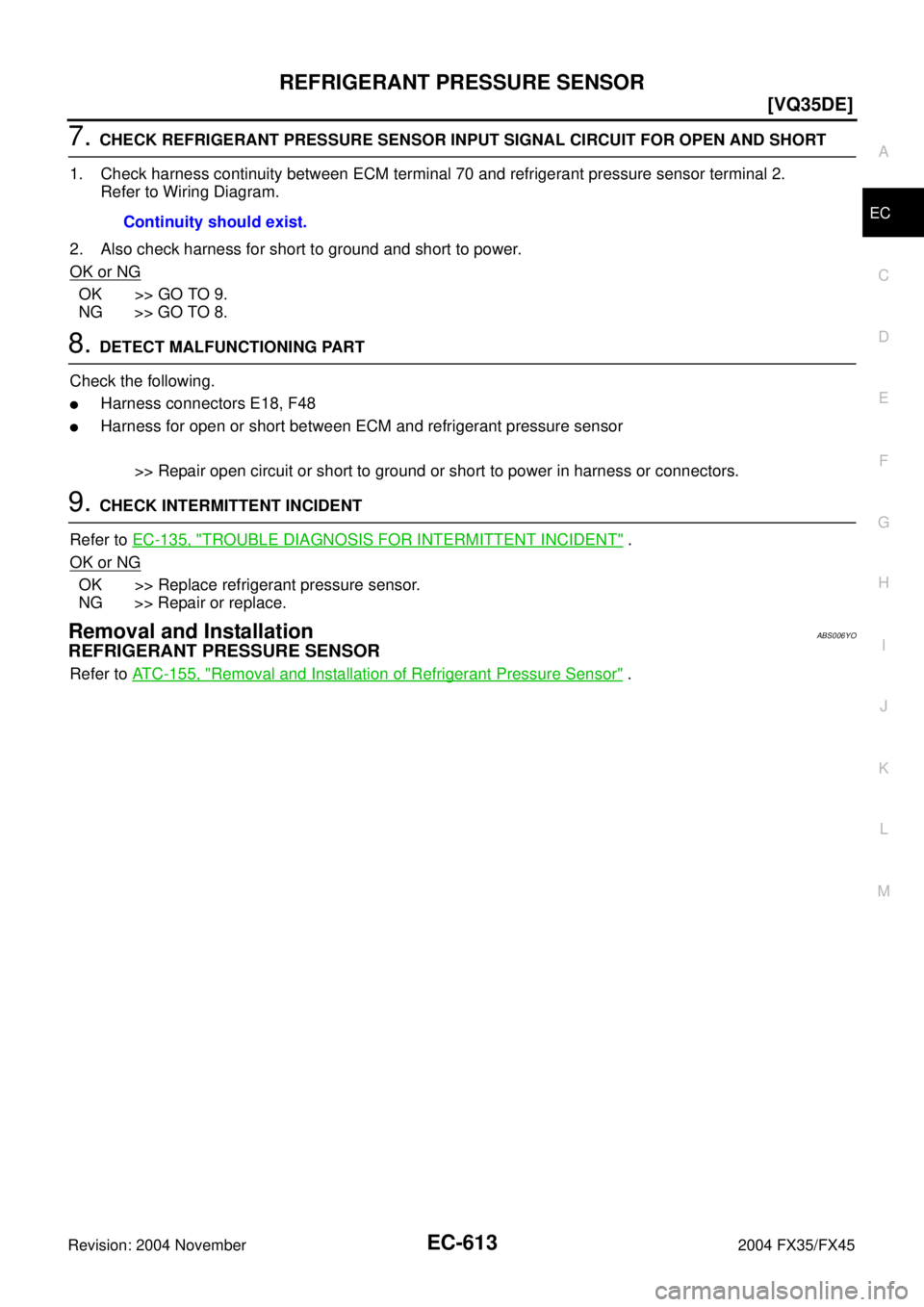 INFINITI FX35 2004  Service Manual REFRIGERANT PRESSURE SENSOR
EC-613
[VQ35DE]
C
D
E
F
G
H
I
J
K
L
MA
EC
Revision: 2004 November 2004 FX35/FX45
7. CHECK REFRIGERANT PRESSURE SENSOR INPUT SIGNAL CIRCUIT FOR OPEN AND SHORT
1. Check harne