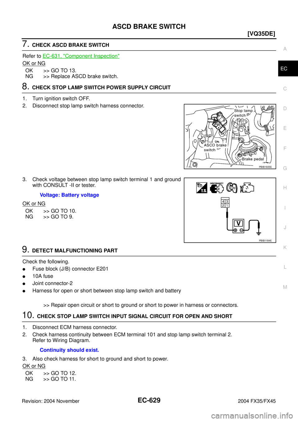 INFINITI FX35 2004  Service Manual ASCD BRAKE SWITCH
EC-629
[VQ35DE]
C
D
E
F
G
H
I
J
K
L
MA
EC
Revision: 2004 November 2004 FX35/FX45
7. CHECK ASCD BRAKE SWITCH
Refer to EC-631, "
Component Inspection"  
OK or NG
OK >> GO TO 13.
NG >> 