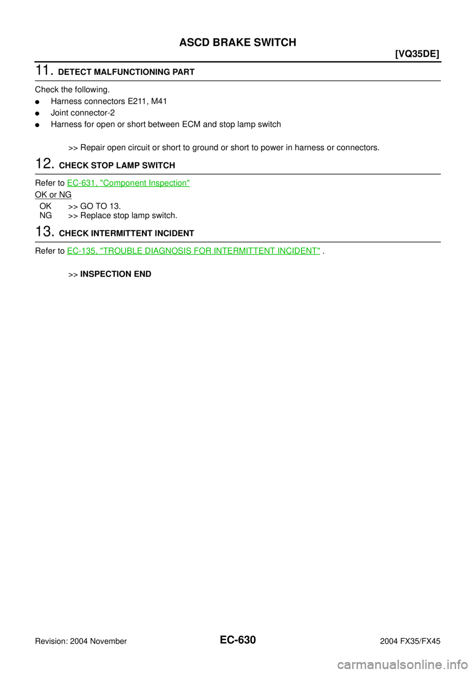 INFINITI FX35 2004  Service Manual EC-630
[VQ35DE]
ASCD BRAKE SWITCH
Revision: 2004 November 2004 FX35/FX45
11 .  DETECT MALFUNCTIONING PART
Check the following.
Harness connectors E211, M41
Joint connector-2
Harness for open or sho