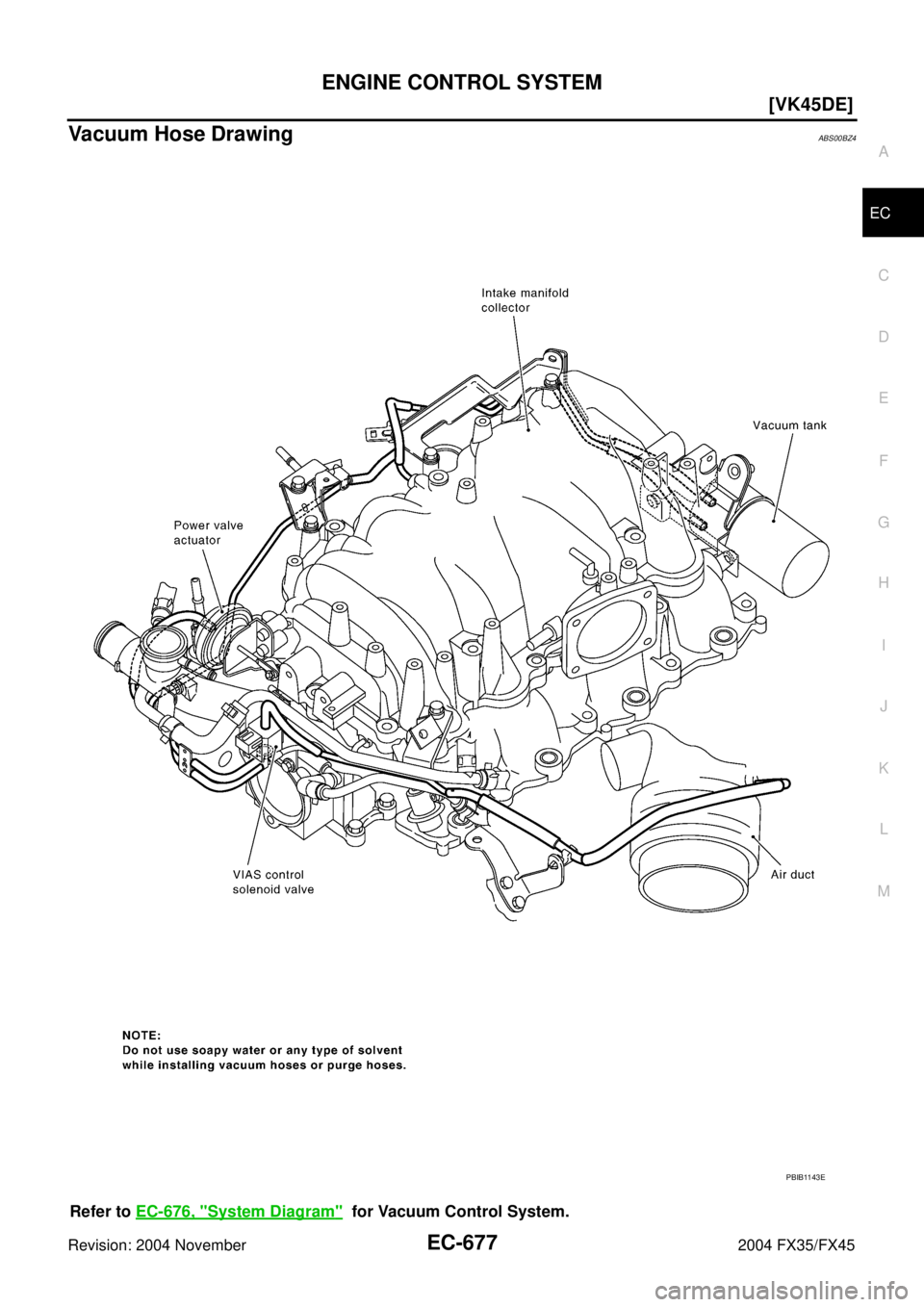 INFINITI FX35 2004  Service Manual ENGINE CONTROL SYSTEM
EC-677
[VK45DE]
C
D
E
F
G
H
I
J
K
L
MA
EC
Revision: 2004 November 2004 FX35/FX45
Vacuum Hose DrawingABS00BZ4
Refer to EC-676, "System Diagram"  for Vacuum Control System.
PBIB114