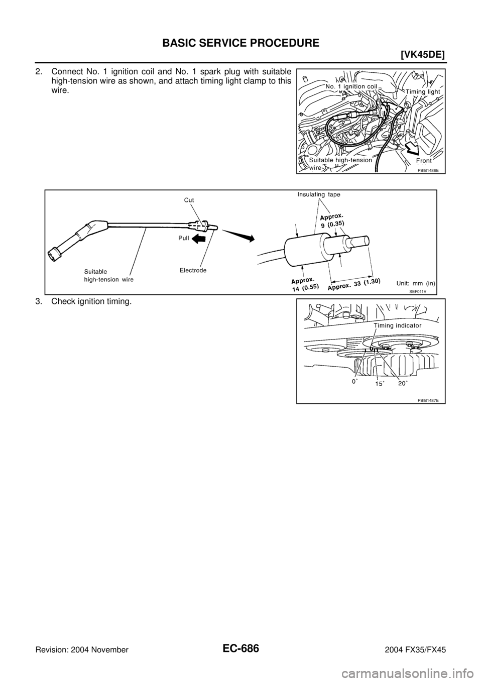 INFINITI FX35 2004  Service Manual EC-686
[VK45DE]
BASIC SERVICE PROCEDURE
Revision: 2004 November 2004 FX35/FX45
2. Connect No. 1 ignition coil and No. 1 spark plug with suitable
high-tension wire as shown, and attach timing light cla