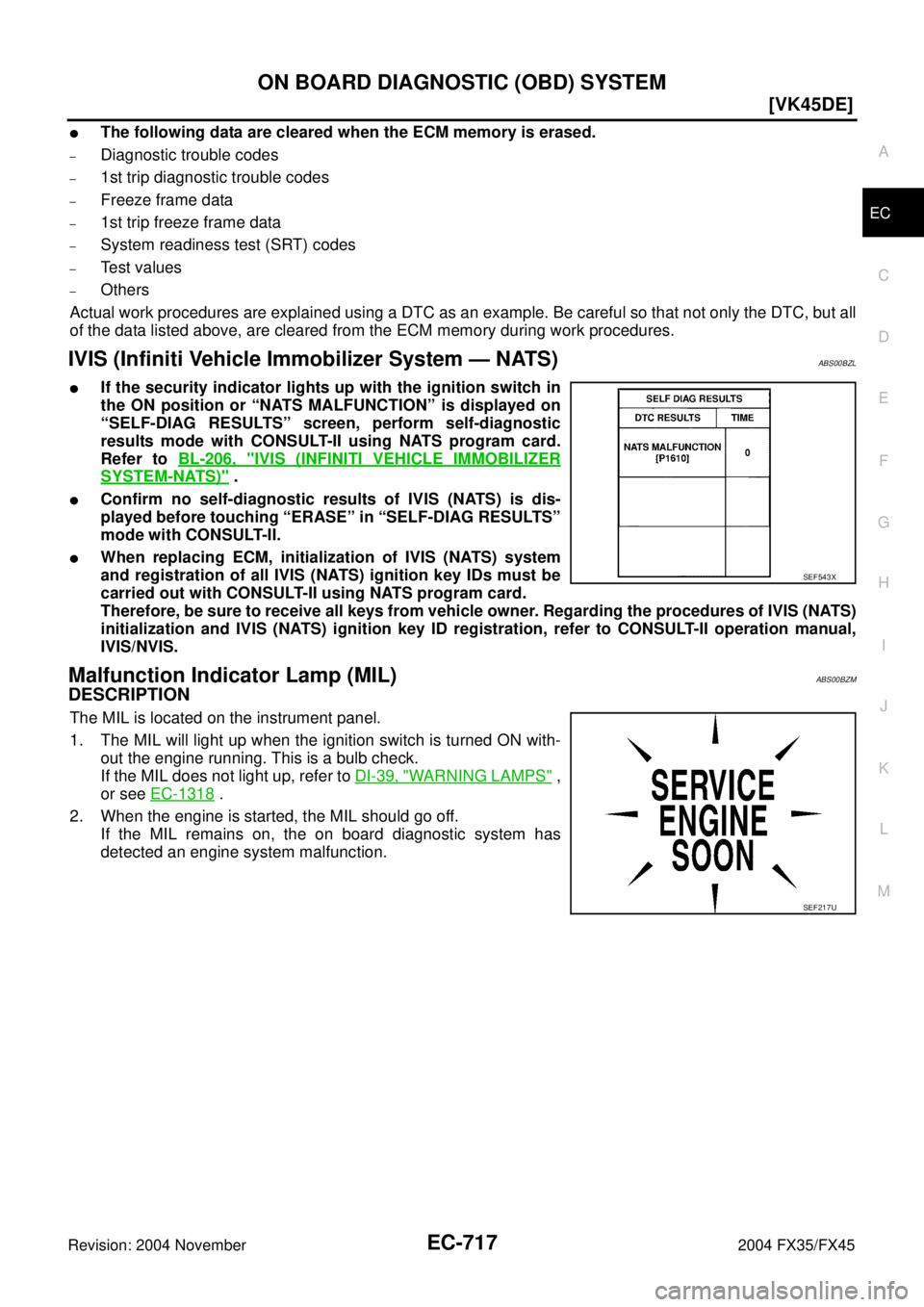 INFINITI FX35 2004  Service Manual ON BOARD DIAGNOSTIC (OBD) SYSTEM
EC-717
[VK45DE]
C
D
E
F
G
H
I
J
K
L
MA
EC
Revision: 2004 November 2004 FX35/FX45
The following data are cleared when the ECM memory is erased.
–Diagnostic trouble c
